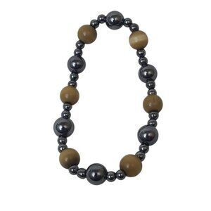 Shiny Black Hematite w/ Yellow Brown Jasper Beaded Stretch Bracelet Round Beads